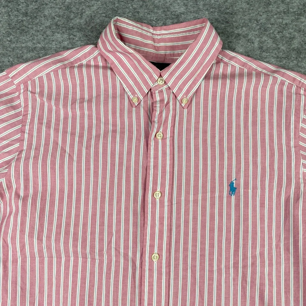 Vintage Ralph Lauren Shirt Mens M Pink Striped Classic Fit Button Preppy 90s